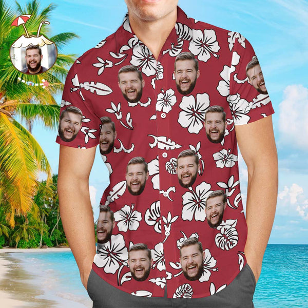 Custom Hawaiian Shirt with Pet Face Custom Tropical Hawaiian Shirt Red Button Down Shirts