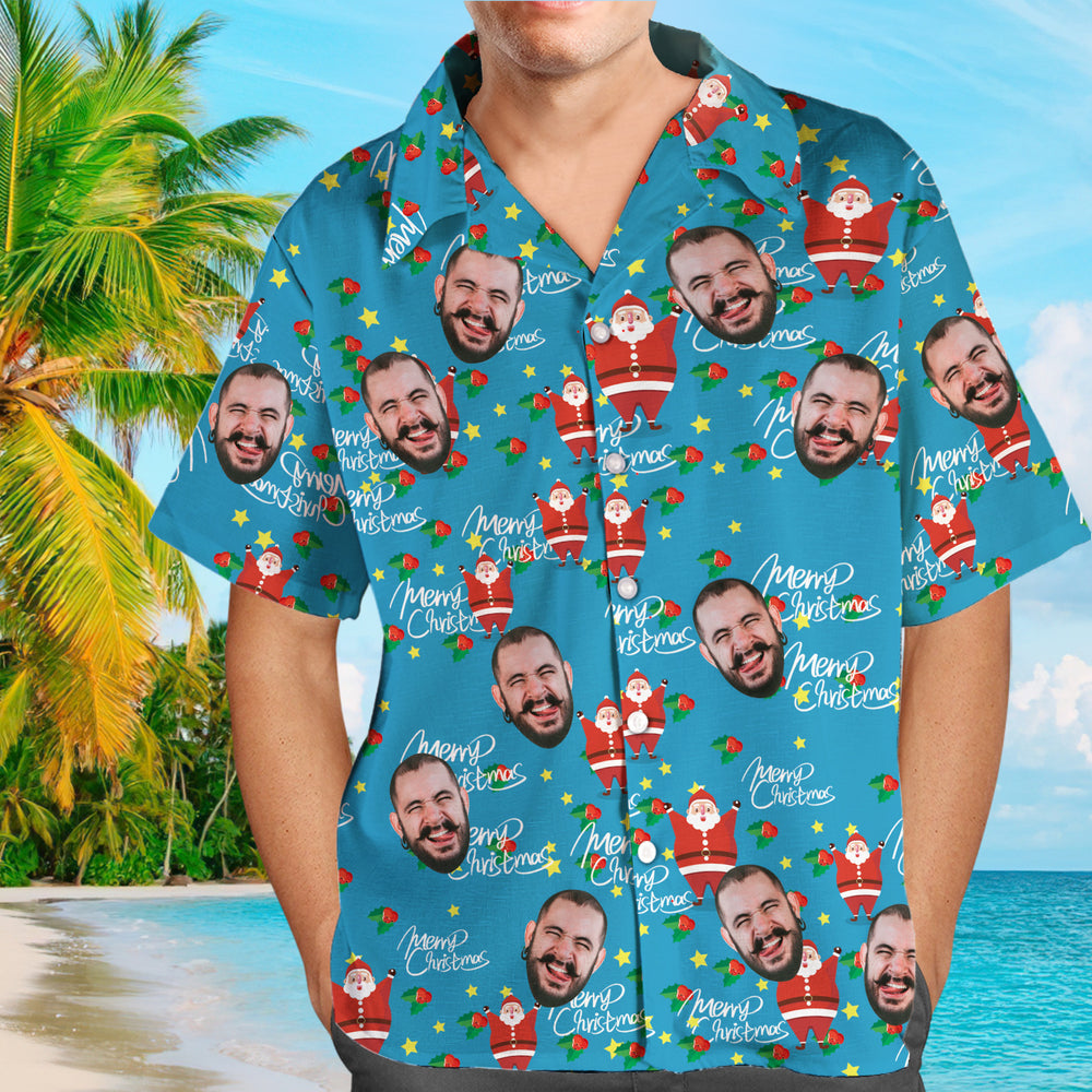 Custom Face Shirt Personalised Photo Men's Hawaiian Shirt Christmas Gift - Happy Santa