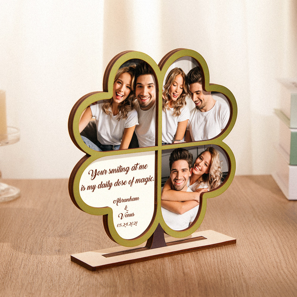 Personalised Four-leaf Clover Photo Decor Custom Engraved Simple Wooden Plaque For Living Room
