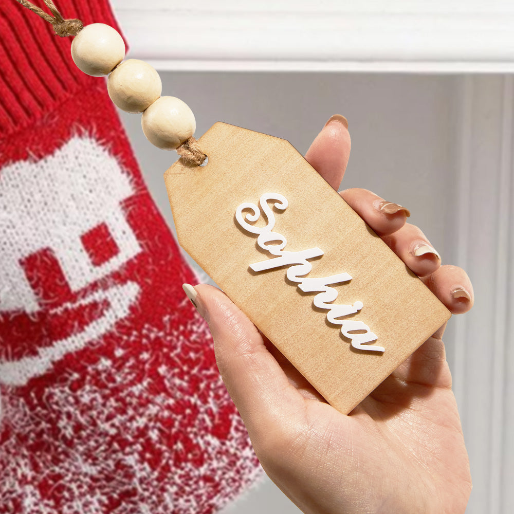 Custom Name Christmas Stocking Tag Personalised Beads Wooden Tag Decor Christmas Day Gift