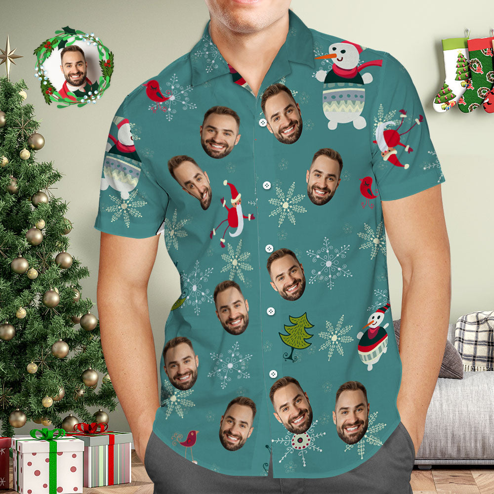 Custom Face Hawaiian Shirt Snowflakes and Snowmen Green Hawaiian Shirts Christmas Gift for Him