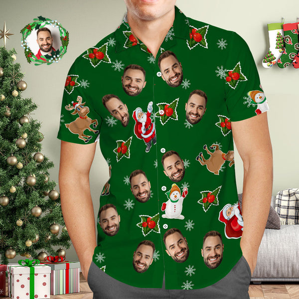 Custom Face Hawaiian Shirt Green Photo Hawaiian Shirts Santa Claus and Snowman Christmas Gift for Him