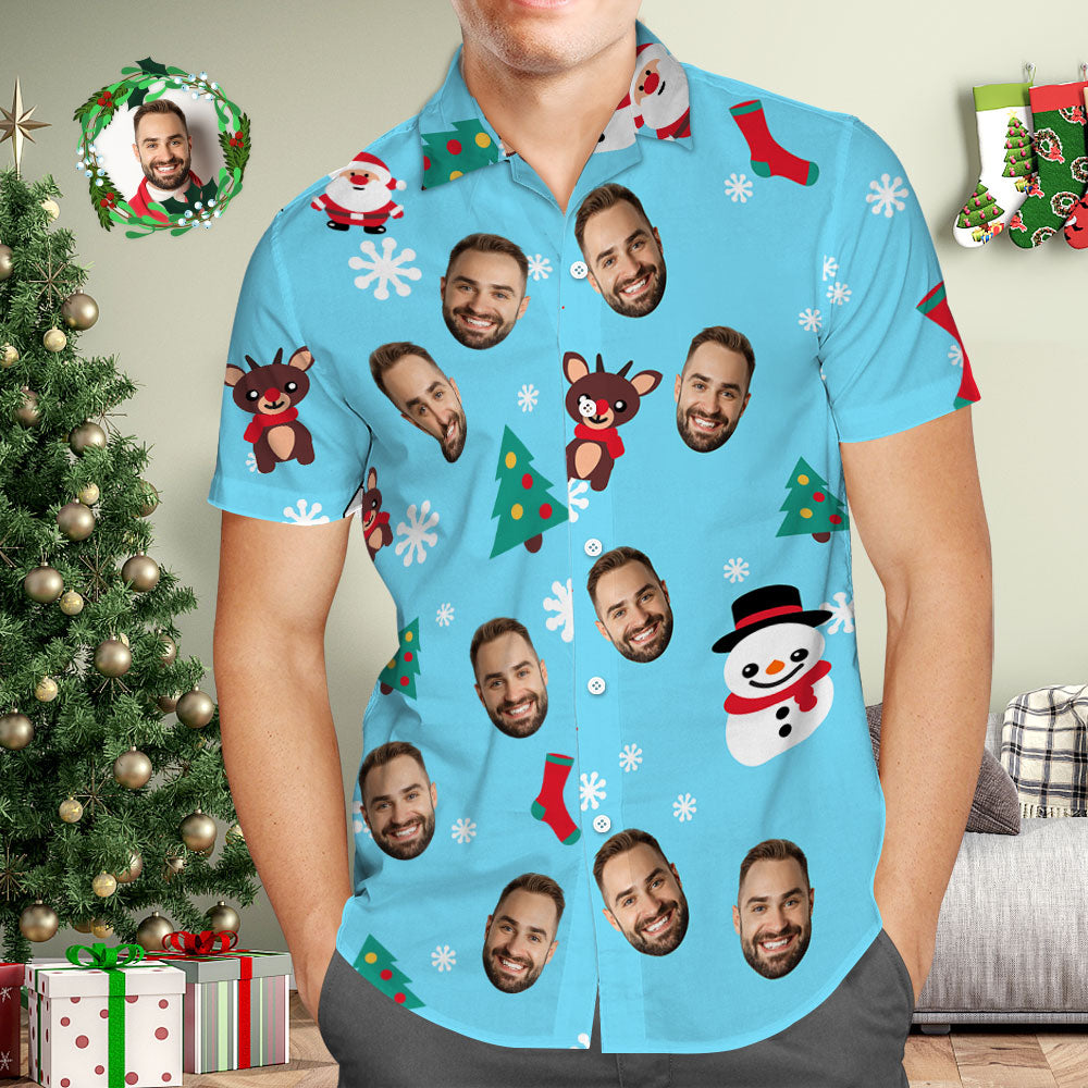 Custom Face Hawaiian Shirt Personalised Photo Blue Hawaiian Shirts Snowman and Elk Christmas Gift for Him