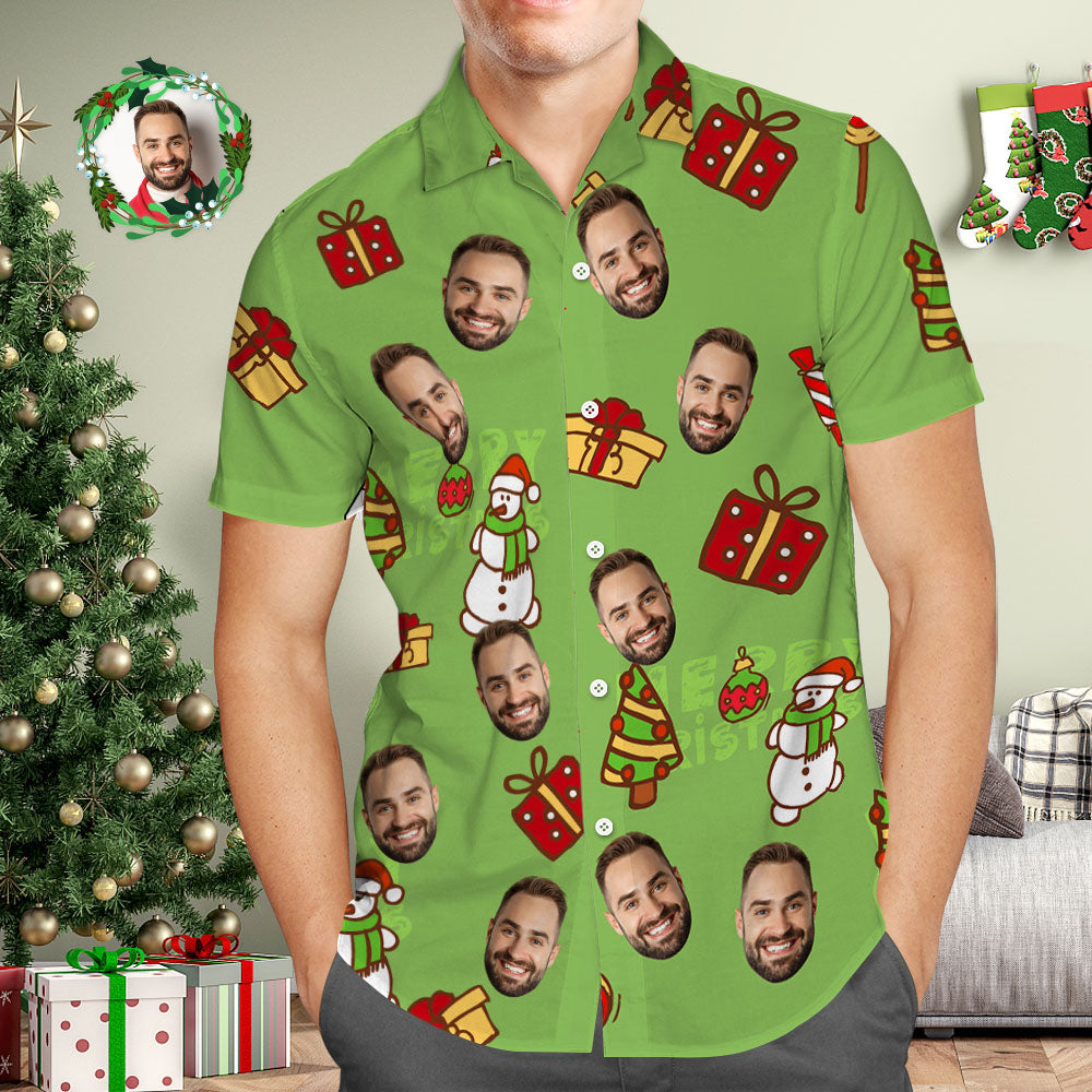 Custom Face Hawaiian Shirt Personalised Photo Green Hawaiian Shirts Snowman and Christmas Gift for Him