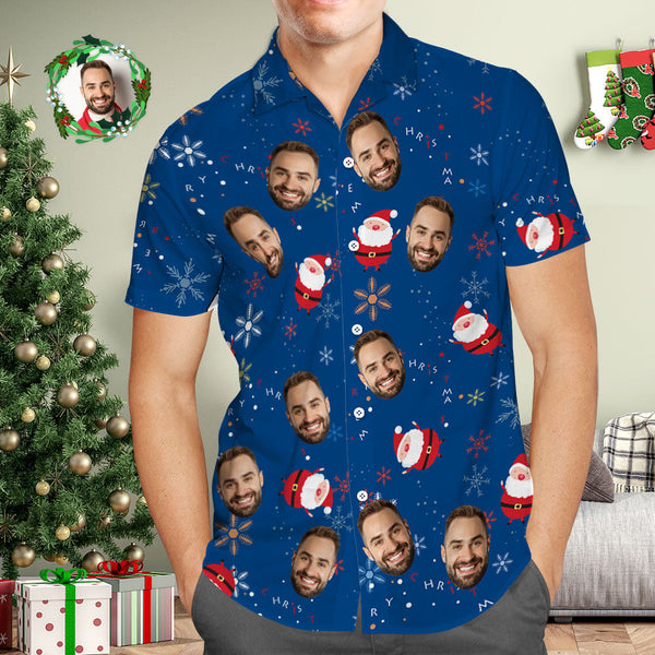 Custom Face Hawaiian Shirt Personalised Photo Blue Hawaiian Shirts Cute Santa Claus Merry Christmas