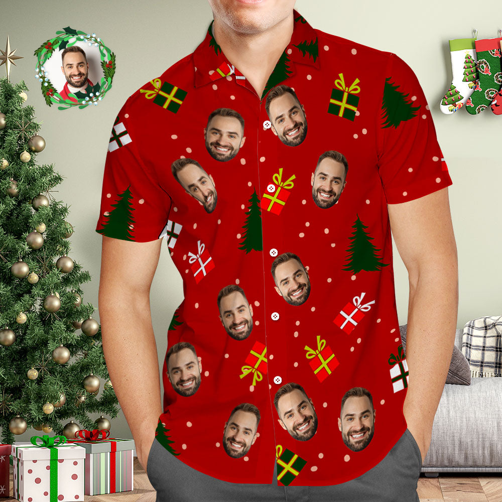 Custom Face Men's Hawaiian Shirt Personalised Photo Red Hawaiian Shirts Christmas Tree and Gifts Merry Christmas