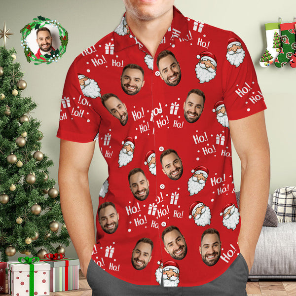 Custom Face Men's Hawaiian Shirt Personalised Photo Red Hawaiian Shirts Santa Claus HOHOHO Merry Christmas