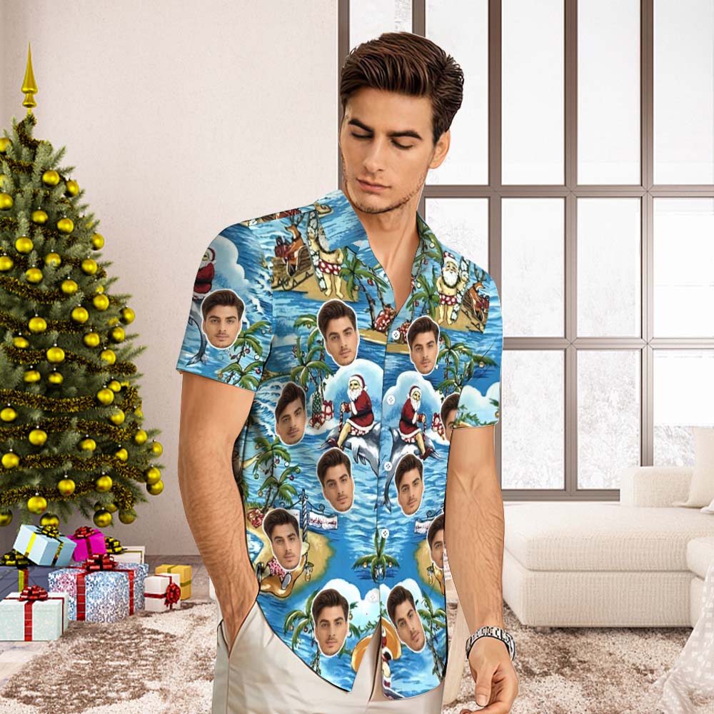 Custom Face Hawaiian Shirt Men's All Over Print Aloha Shirt christmas Gift - Santa's Vacation