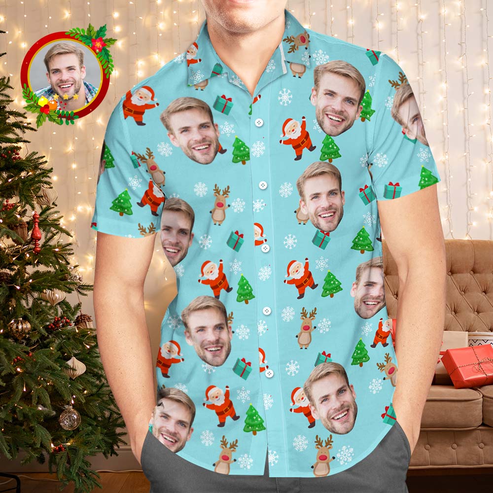 Custom Face Hawaiian Shirts Personalised Photo Gift Men's Christmas Shirts Cute Santa Claus and Reindeer