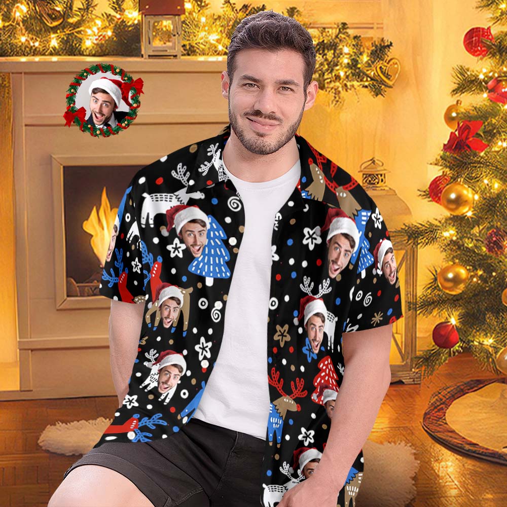 Custom Face Hawaiian Shirts Personalised Photo Gift Men's Christmas Shirts Christmas Reindeer