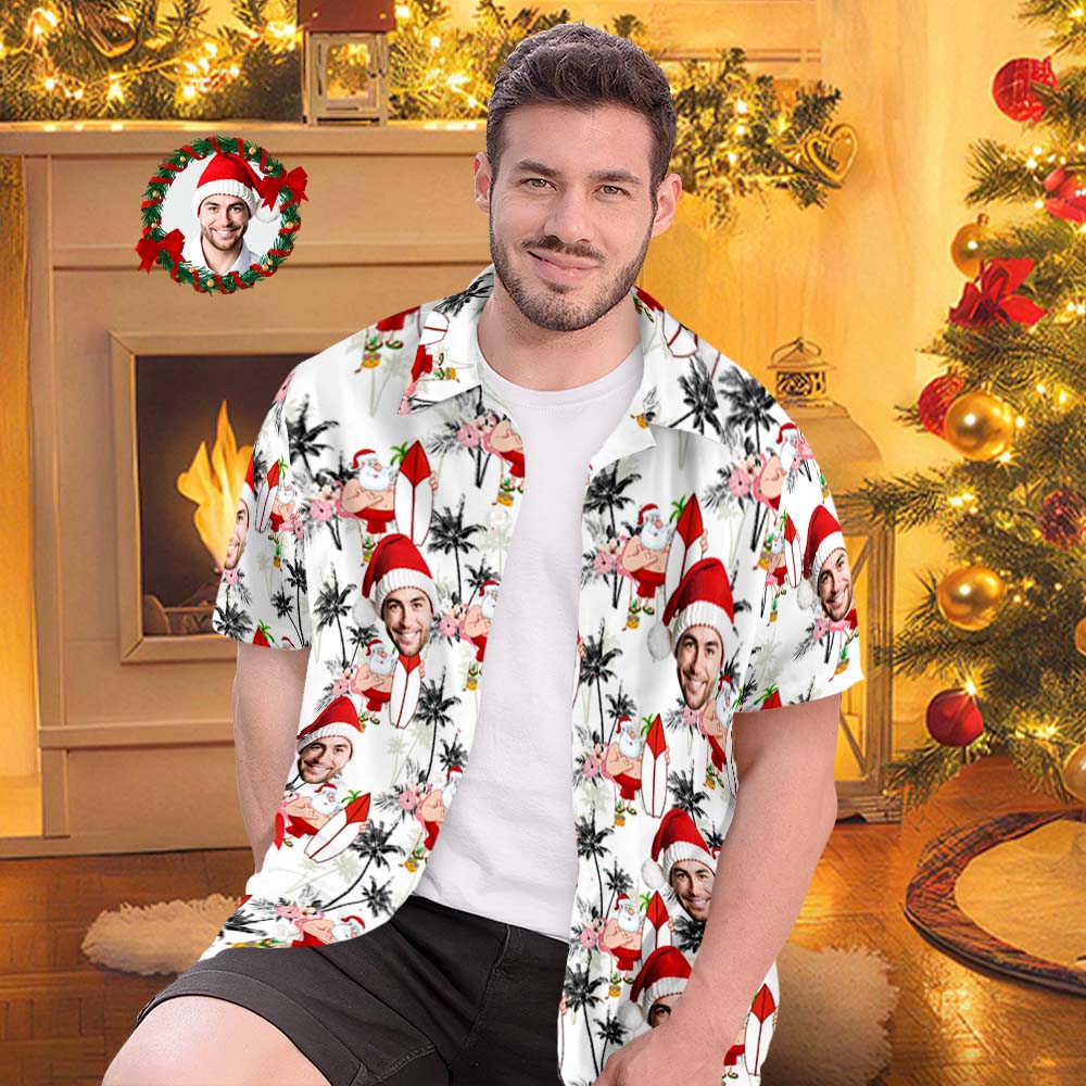 Custom Face Hawaiian Shirts Personalised Photo Gift Men's Christmas Shirts Vacation Santa and Flamingos
