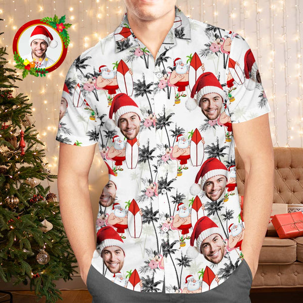 Custom Face Hawaiian Shirts Personalised Photo Gift Men's Christmas Shirts Vacation Santa and Flamingos