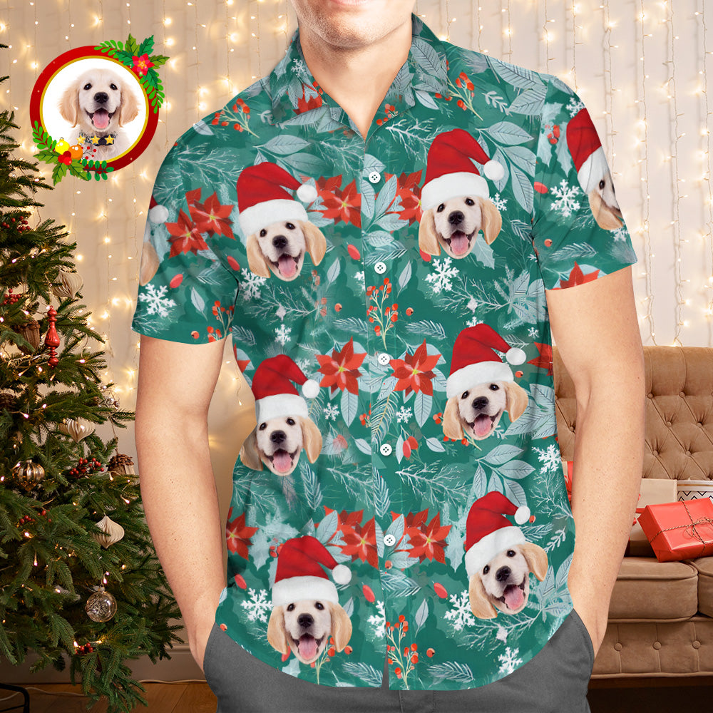 Custom Face Hawaiian Shirts Personalised Photo Gift Men's Christmas Shirts Hawaiian Leaves Green
