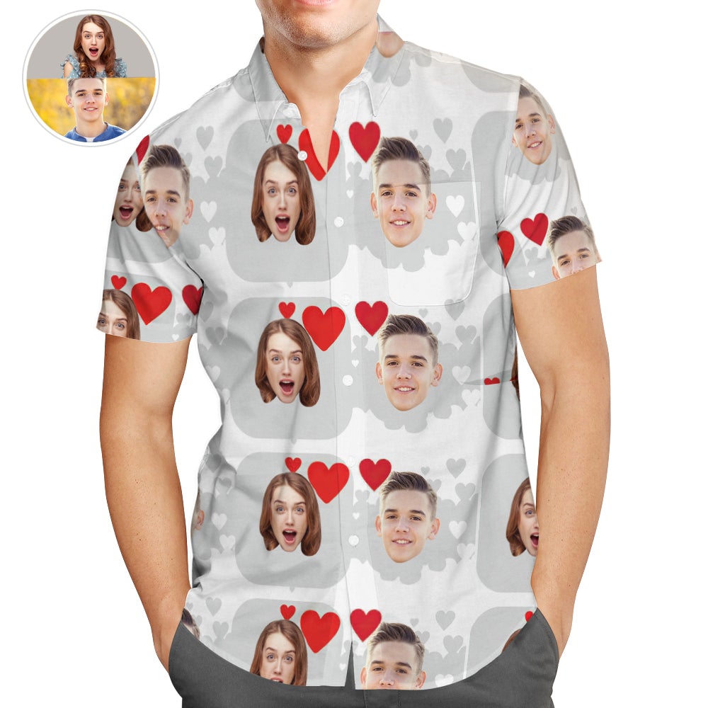 Personalized Photo Hawaiian Shirts with Heart Casual Button-Down Shirts for Lover