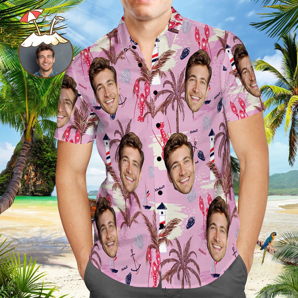 Pink Hawaiian Shirts Dog Face Short Sleeve Aloha Beach Shirt, Summer Casual Button-Down Shirts