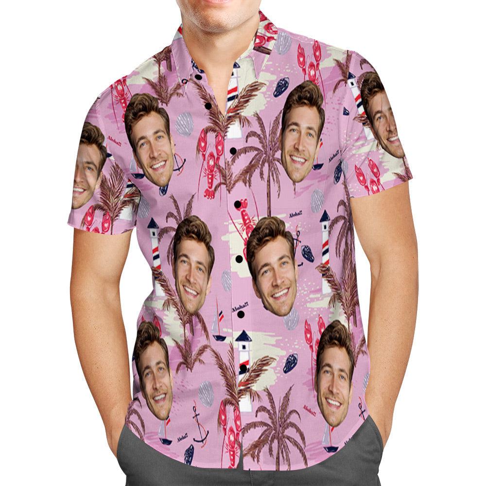 Pink Hawaiian Shirts Dog Face Short Sleeve Aloha Beach Shirt, Summer Casual Button-Down Shirts