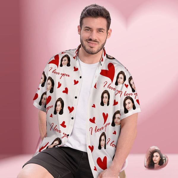 Custom Face Hawaiian Shirt Men's Popular All Over Print Hawaiian Beach Shirt Valentine's Day Gift - Romantic Heart