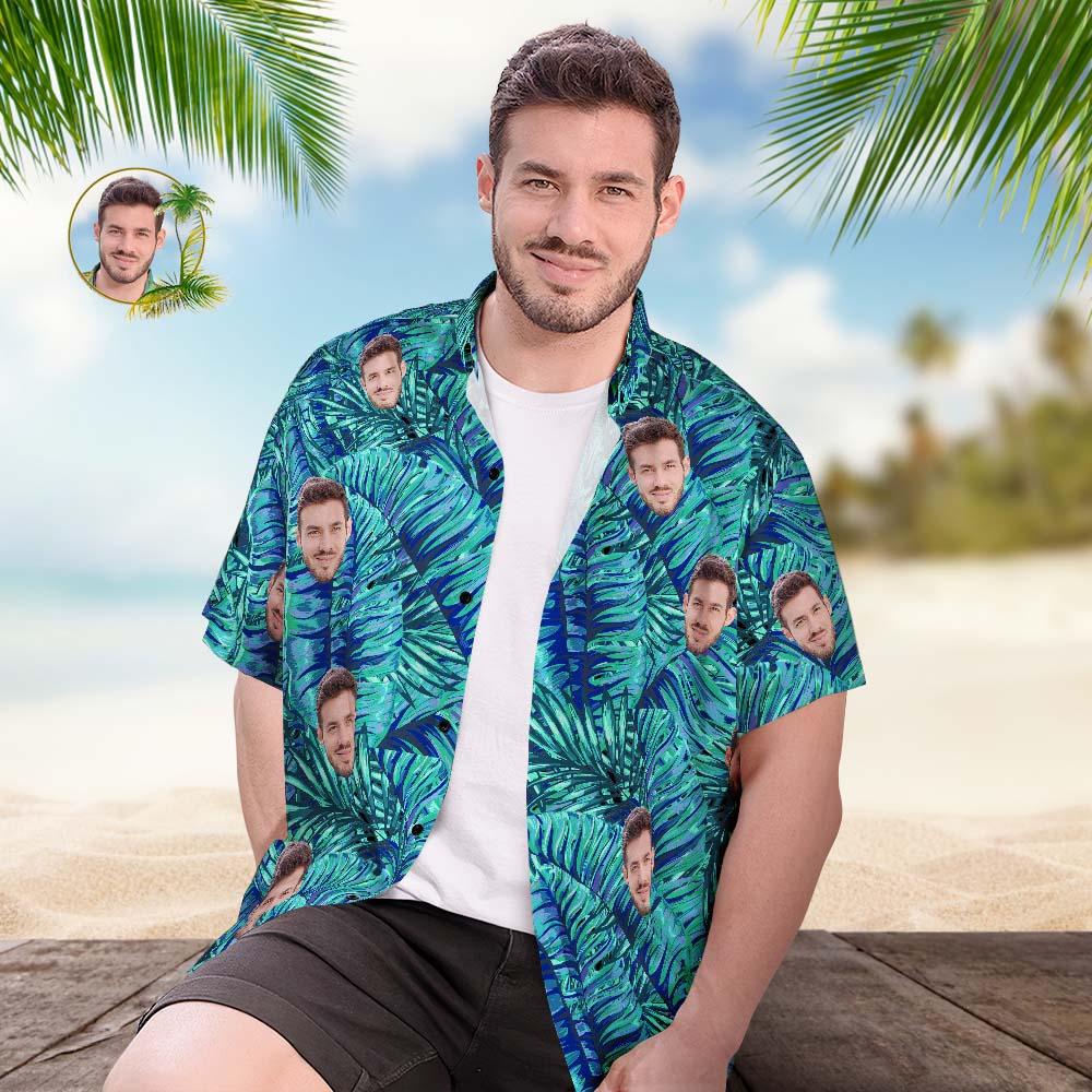 Custom Face Hawaiian Shirt Men's Popular All Over Print Hawaiian Beach Shirt Holiday Gift - Green Leaf
