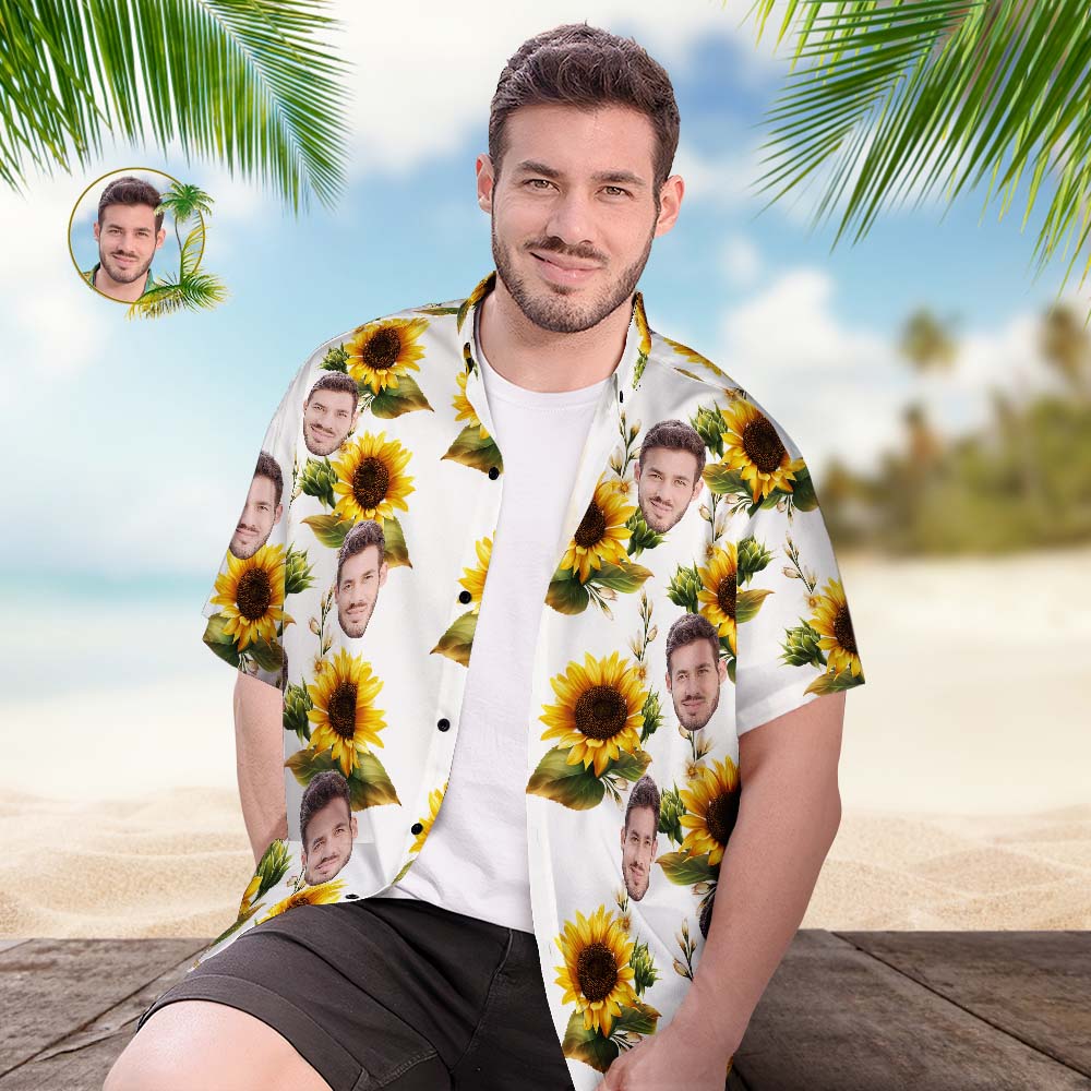 Custom Face Hawaiian Shirt Men's Popular All Over Print Hawaiian Beach Shirt Holiday Gift - Sunflower