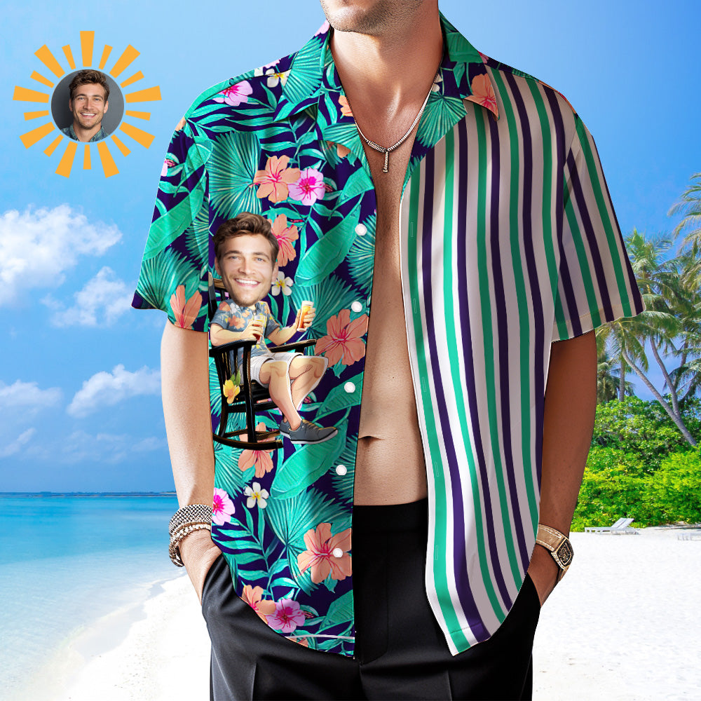 Custom Face Hawaiian Shirt Green Leaves and Flowers Men's All Over Print Striped Aloha Shirt