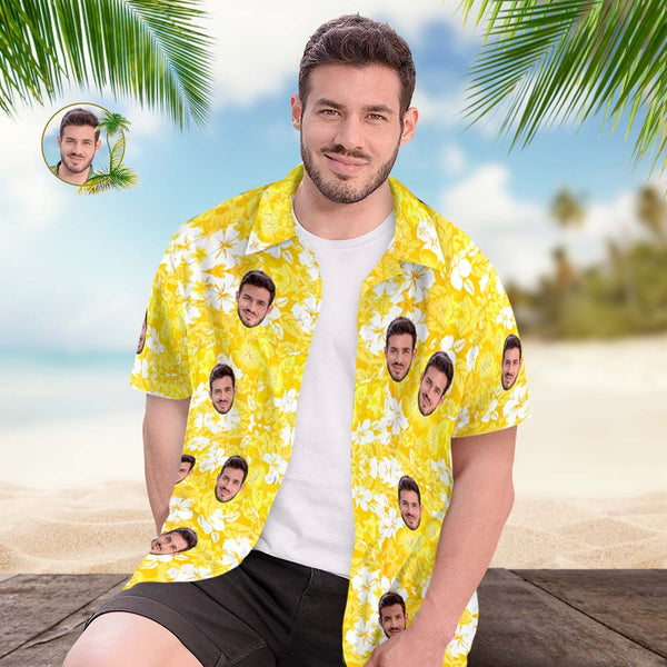 Custom Face Hawaiian Shirt Men's All Over Print Aloha Shirt Gift - Yellow