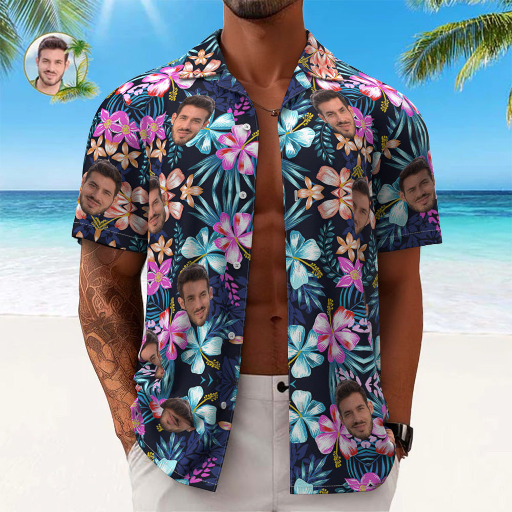 Custom Face Hawaiian Shirt Men's All Over Print Aloha Shirt Gift - Multicolored Flowers