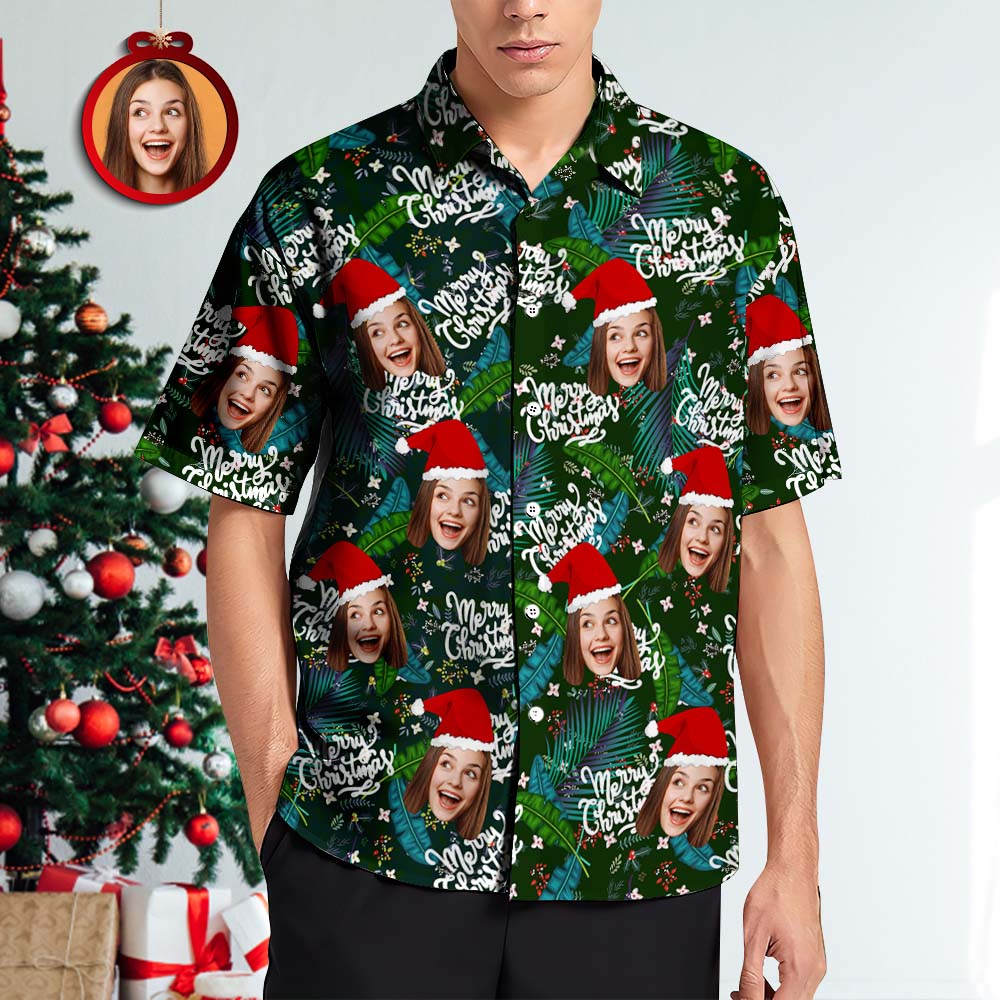 Custom Face Hawaiian Shirts Personalised Photo Gift Men's Christmas Shirts Flower and Leaves