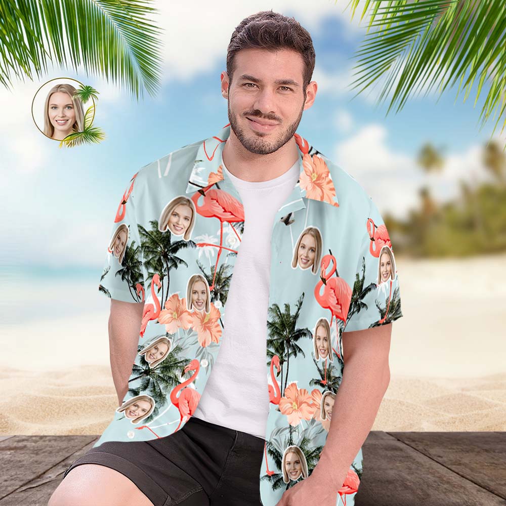 Personalised Hawaiian Shirt Men's Popular All Over Print Hawaiian Beach Shirt Holiday Gift - Flamingos and Coconut Trees