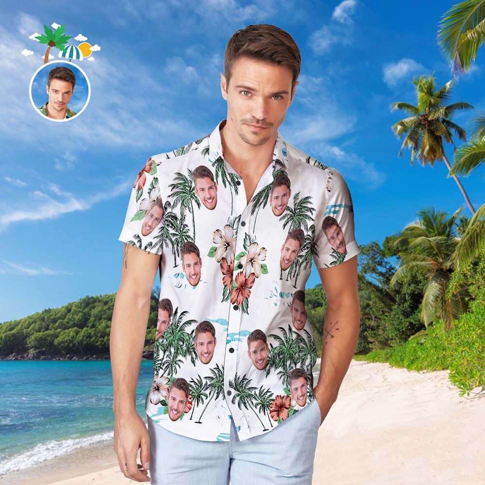 Custom Face Hawaiian Shirt Men's Popular All Over Print Hawaiian Beach Shirt Holiday Gift - Hawaiian Style Flowers