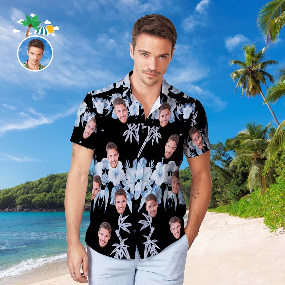 Custom Face Hawaiian Shirt Men's Popular All Over Print Hawaiian Beach Shirt Holiday Gift - White Flowers