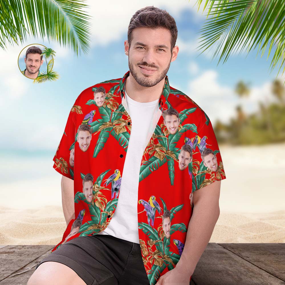 Custom Face Hawaiian Shirt Men's Popular All Over Print Hawaiian Beach Shirt Gift - Coconut Trees and Birds