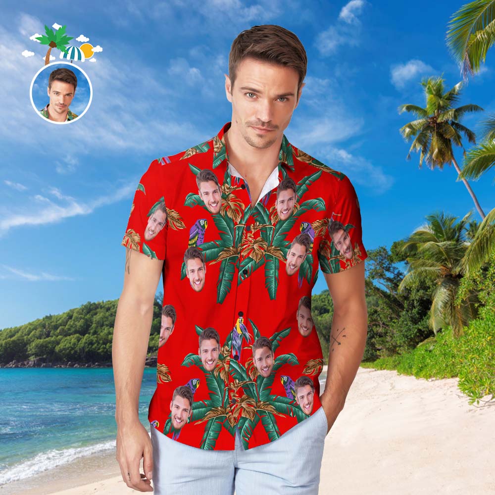 Custom Face Hawaiian Shirt Men's Popular All Over Print Hawaiian Beach Shirt Gift - Coconut Trees and Birds