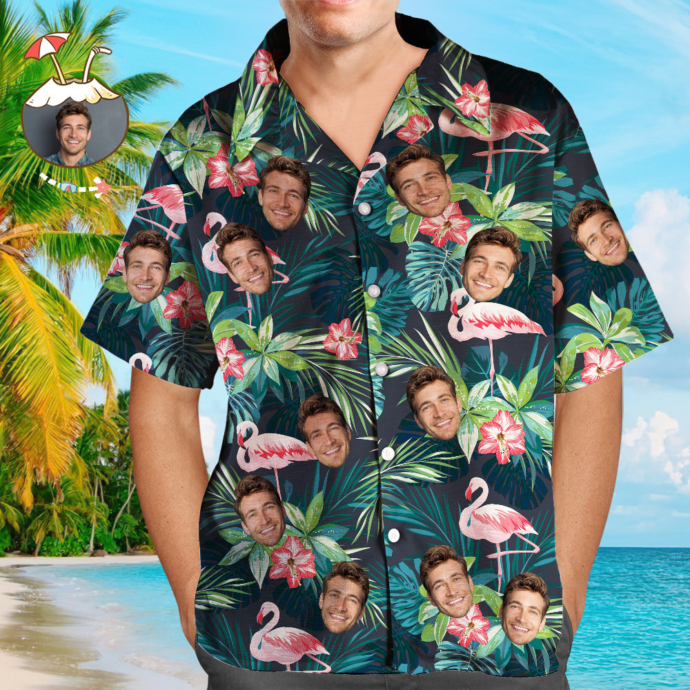 Custom Hawaiian Shirt with Face Custom Dog Face Shirt Leaves & Flamingo Hawaiian Shirts