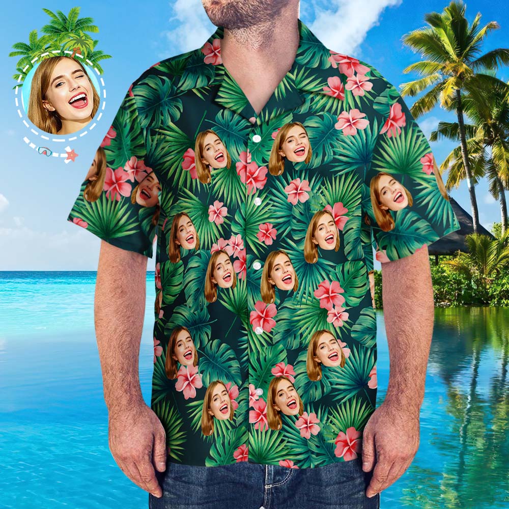 Custom Tropical Shirts Custom Pet Face Hawaiian Shirt Leaves & Flowers Shirt