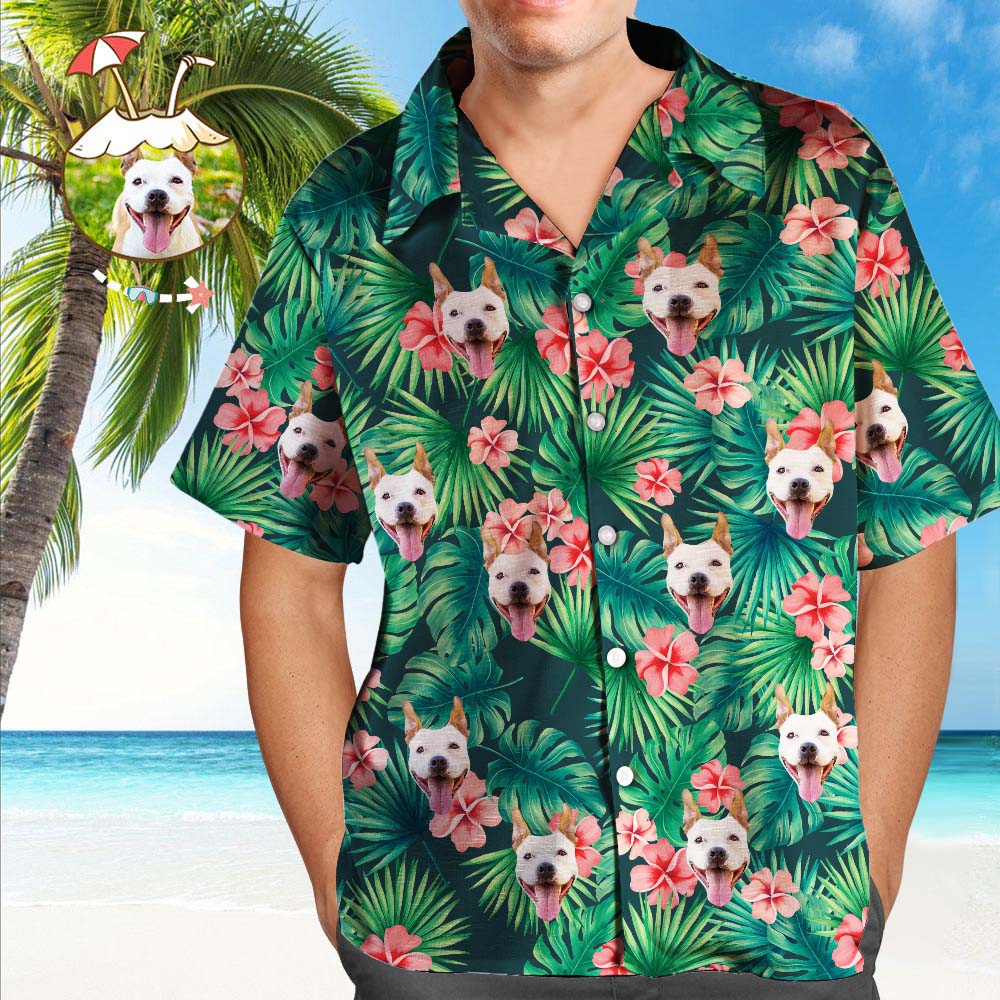 Custom Hawaiian Shirt with Dog Face Men's Hawaiian Shirt Red Flowers Casual Shirt
