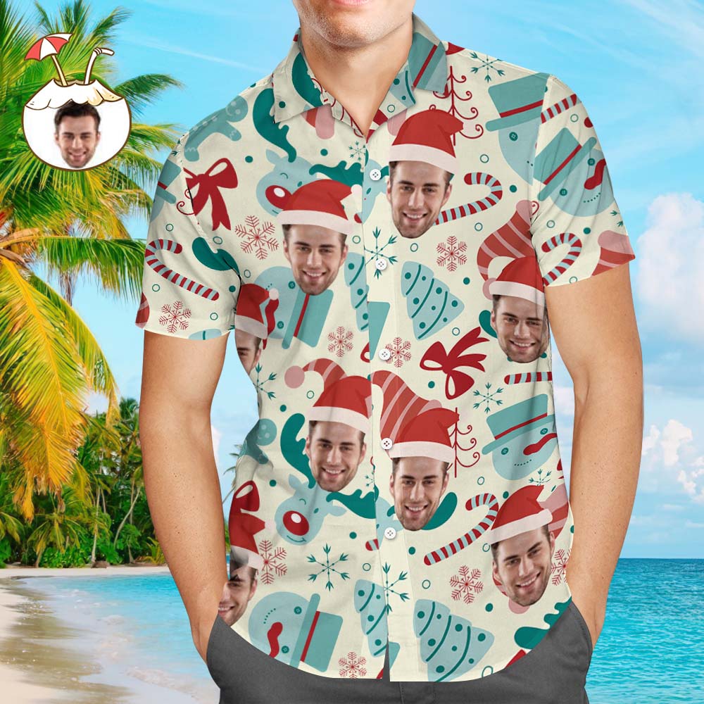 Custom Face Shirt Personalised Photo Men's Hawaiian Shirt Christmas Gift - Santa Hat