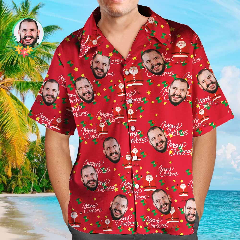 Custom Face Shirt Personalised Photo Men's Hawaiian Shirt Christmas Gift - Happy Santa