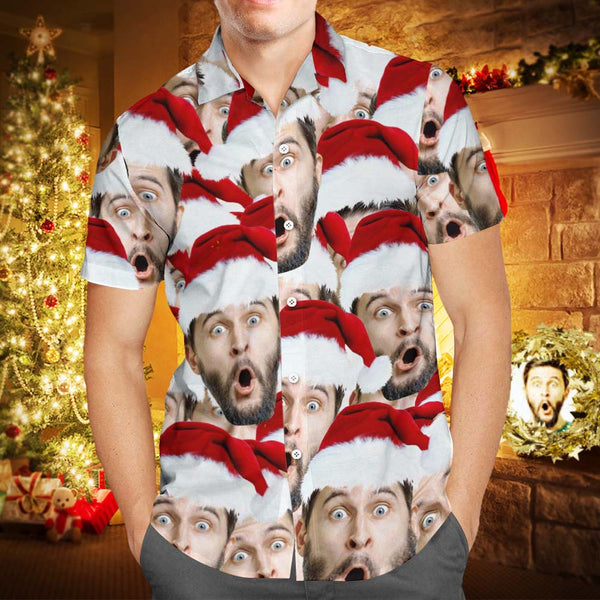 Custom Face Shirt Personalised Photo Men's Hawaiian Shirt Christmas Gift - Santa Face Mash