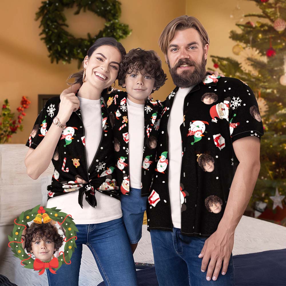 Custom Face Family Matching Hawaiian Outfit Christmas Pool Party Parent-child Wears - Snowman Skiing Candy Cane Holiday Gifts
