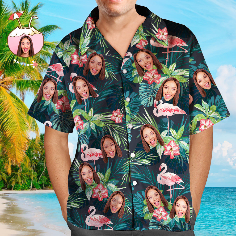 Christmas Gifts Custom Hawaiian Shirt with Face Custom Face Shirt Leaves & Flamingo Button Down Shirts