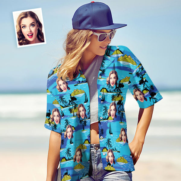 Hawaiian Shirt Gifts for Wife Personalised Face Shirts Print Large Leaves Beach Wearing