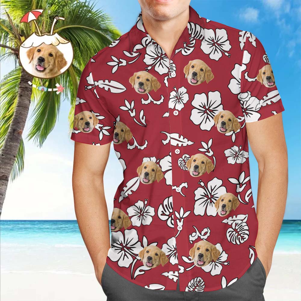 Custom Hawaiian Shirt with Pet Face Custom Tropical Hawaiian Shirt Red Button Down Shirts