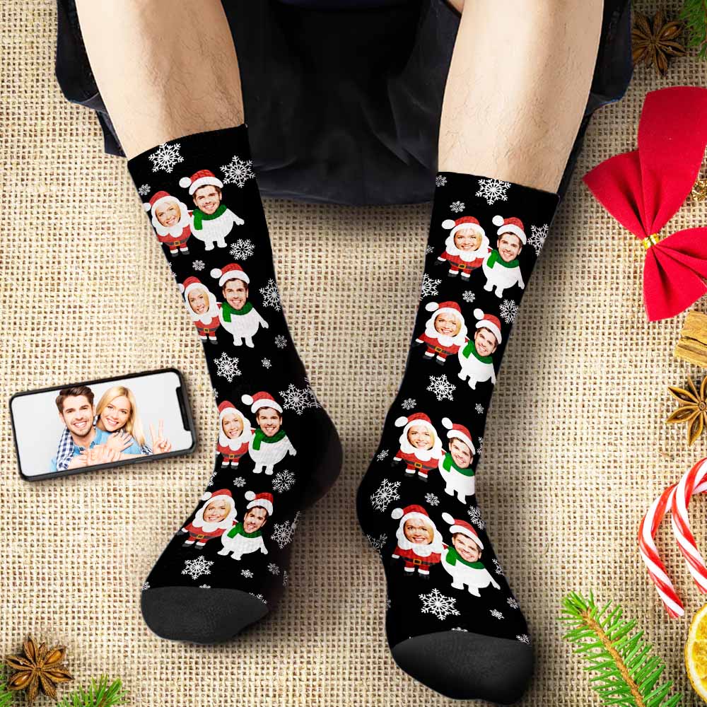 Custom Face Socks Personalised Christmas Shorts With Photo Santa and Snowman
