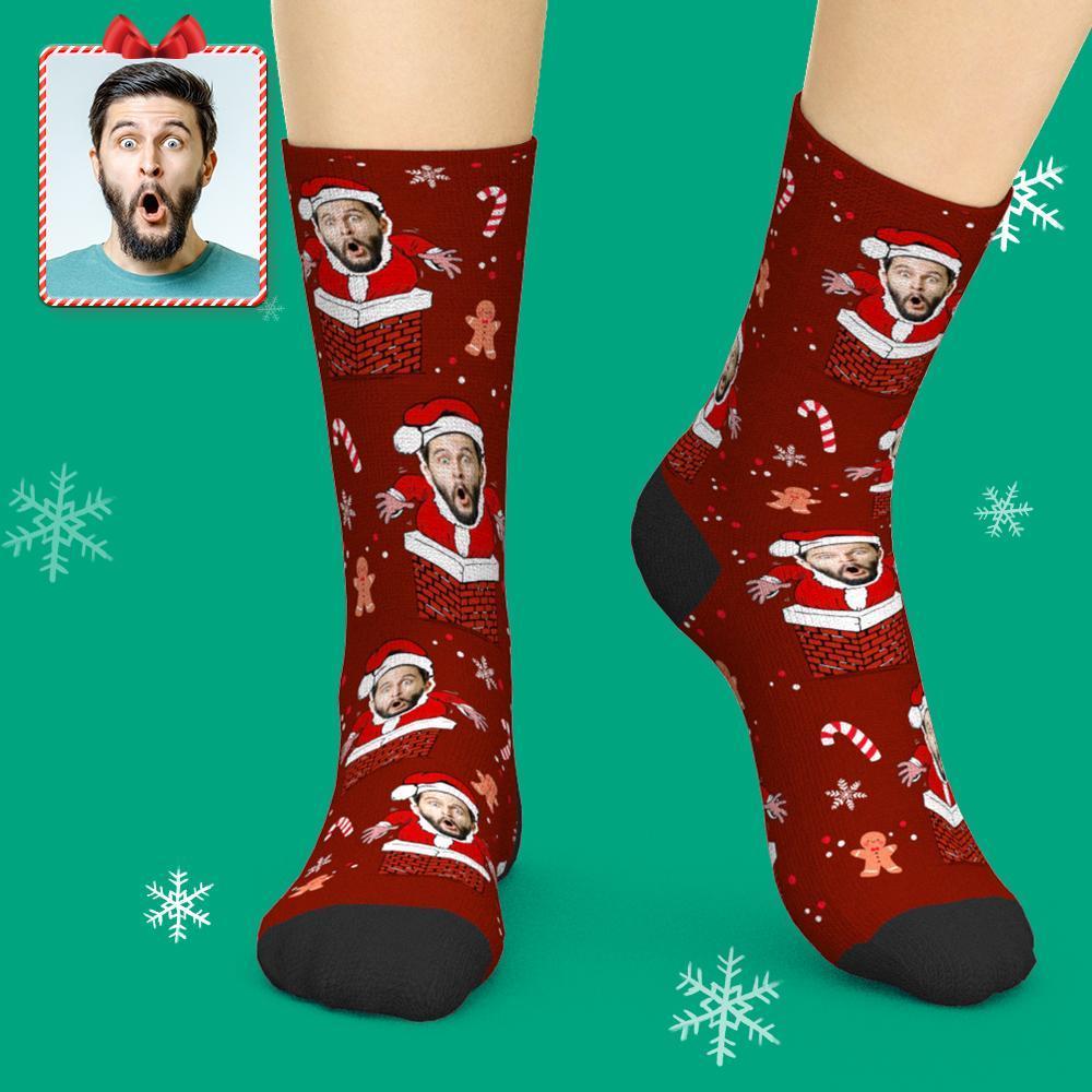 Custom Face Socks  Personalised Photo Socks Add Pictures Christmas Socks - Santa Stuck In Chimney