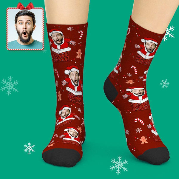 Custom Face Socks  Personalised Photo Socks Add Pictures Christmas Socks - Santa Stuck In Chimney